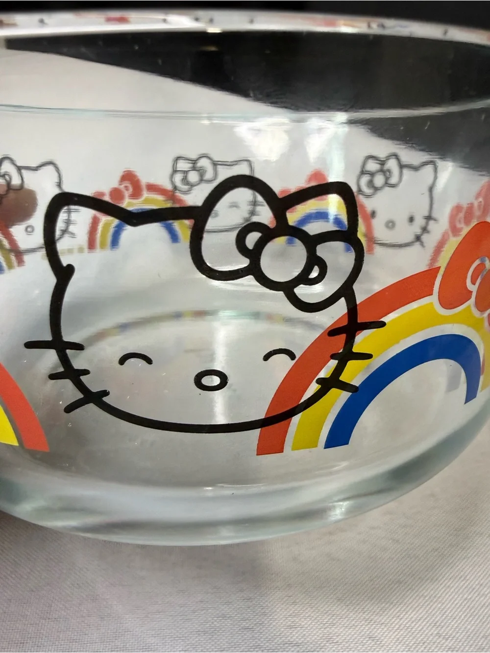 Hello Kitty  Glass Pyrex Bowl with Rainbow and Red Bow Accents 6” Diameter